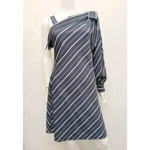 ECI New York One Shoulder Bow Asymmetrical Shift Dress Blue Pinstripe Size 6